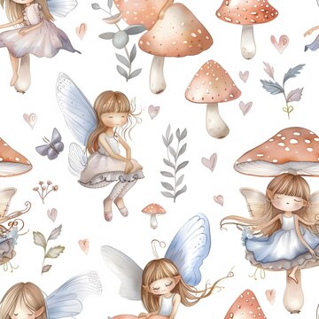 Cute little fairies and mushrooms seamless pattern