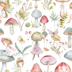 Obraz premium Cute little fairies and mushrooms seamless pattern