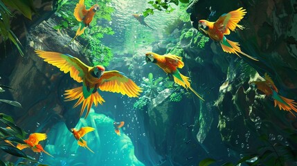 Carolina parakeets fluttering through underwater grottos vibrant and alive.