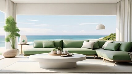 Obraz premium Minimalist Living Room Green and White Color and Beach View Coffee Table and Television with Backdrop of Natural Light