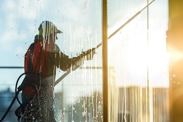 A person using a water fed pole to clean a window, reaching and washing with precision.