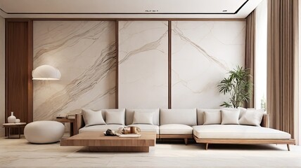 Fototapeta na wymiar Minimalist Living Room Marble and Wood Nuance Elegant with Backdrop of Natural Light