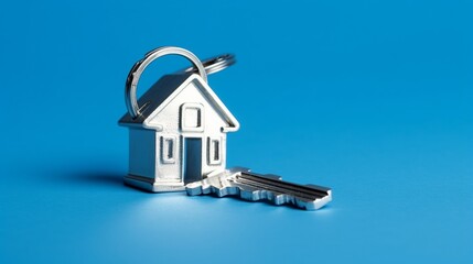 House keys on a blue background with copy space. Real estate concept.