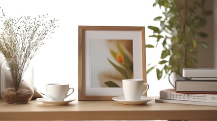 Fototapeta na wymiar Blank photo frame, coffee cup and plant on wooden table.