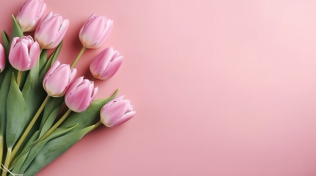 Bouquet of pink tulips on pink background with copy space