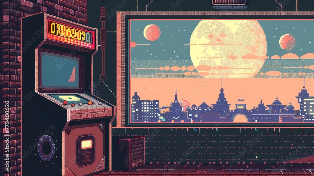 Poster a retro-inspired arcade game level with -bit graphics and catchy music ai generated illustration