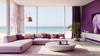 Minimalist Living Room Purple and White Color and Beach View Coffee Table and Television with Backdrop of Natural Light