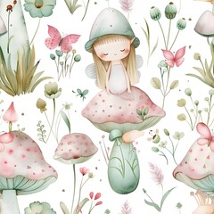Obraz premium Cute little fairies and mushrooms seamless pattern