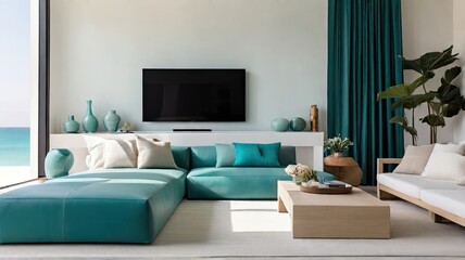 Minimalist Living Room Teal and White Color and Beach View Coffee Table and Television with Backdrop of Natural Light