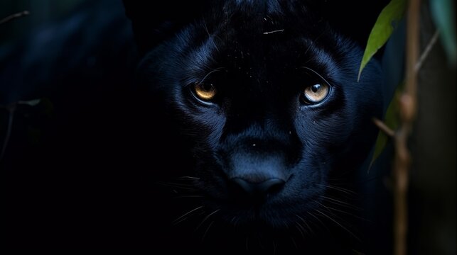 Black panther in the dark forest. Panthera leo.
