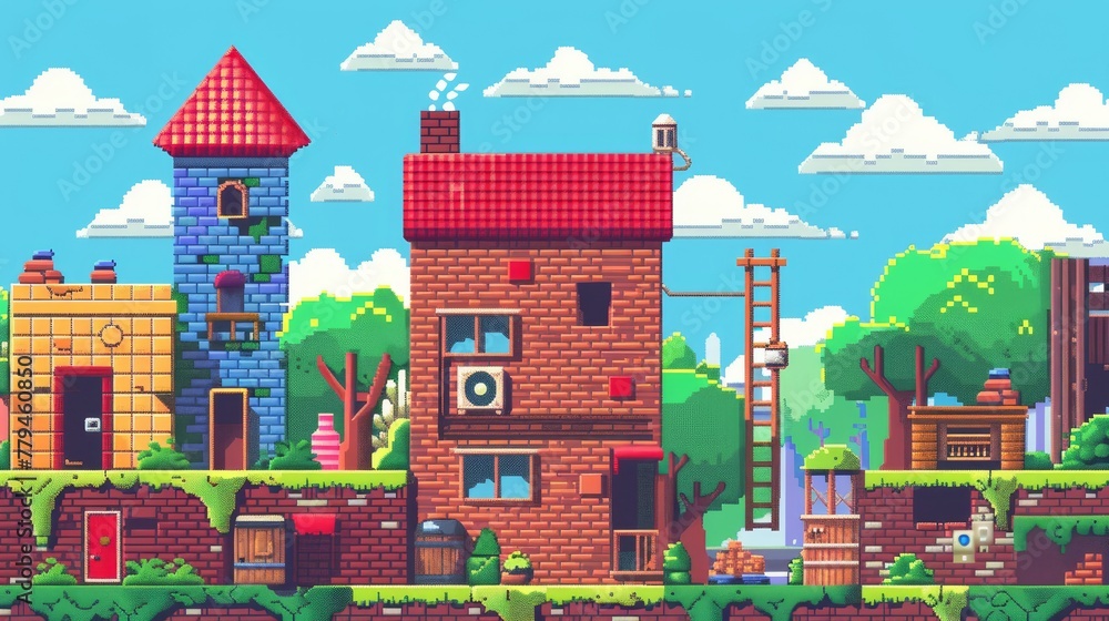 Aufkleber a retro-inspired video game level with colorful pixel art and challenging puzzles ai generated illus