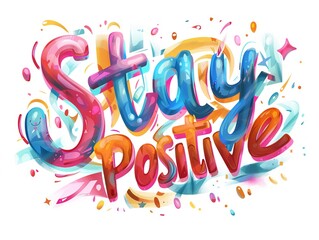 "Stay Positive" in vibrant, colorful letters, isolated on white, digital design, uplifting vibe.