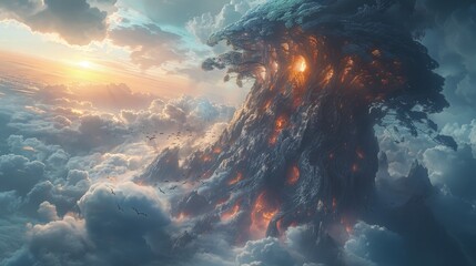 The majestic sacred tree above the clouds is lit from within against the backdrop of the setting sun. Mythical World Tree. - obrazy, fototapety, plakaty
