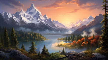 Fantasy landscape with lake, mountains and forest. Digital painting.