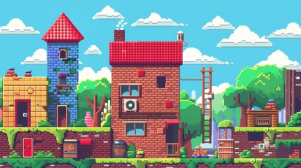 A retro-inspired video game level with colorful pixel art and challenging puzzles  AI generated illustration