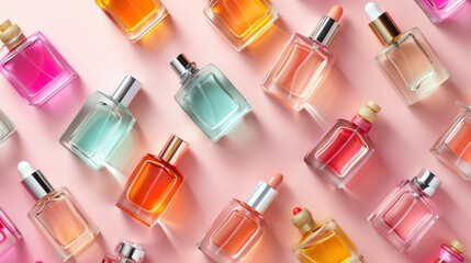 Realistic perfume beautiful bottles apart from each other photo pattern, flat color background,...