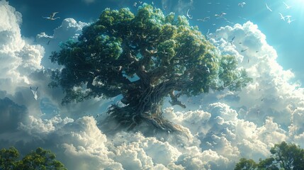 A majestic sacred tree among the sea of clouds. Mythical World Tree.
