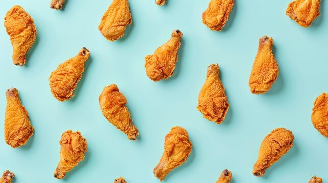 Realistic KFC chicken legs apart from each other photo pattern, flat color background, isometric, view from top, bird eye view