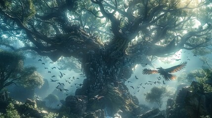 Mythical World Tree. A majestic sacred tree with huge roots in a dark forest full of mist.