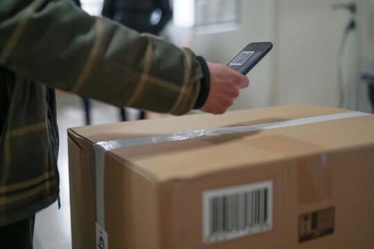 A person is using a smartphone to scan the QR code on a parcel in a warehouse filled with boxes.