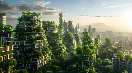 Lush Futuristic Eco-City with Verdant High-Rise Buildings and Integrated Natural Landscapes - obrazy, fototapety, plakaty