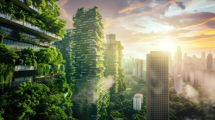 Sustainable Futuristic Cityscape with Lush Greenery and Towering High-Rise Buildings - obrazy, fototapety, plakaty