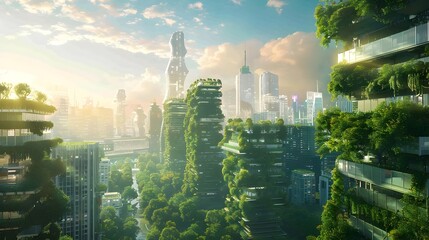 Futuristic Vertical Green City Skyline with Innovative Architecture and Renewable Nature - obrazy, fototapety, plakaty