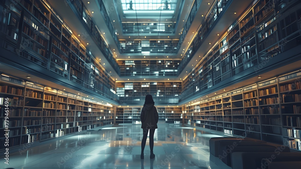 Poster expansive academic library with rows of bookshelves and illuminated walkway