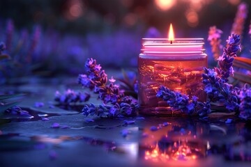 A lit purple candle within a clear glass jar surrounded by sprigs of fresh lavender on a blurred background.