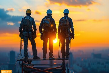 Silhouetted builders standing on scaffolding against the setting sun.