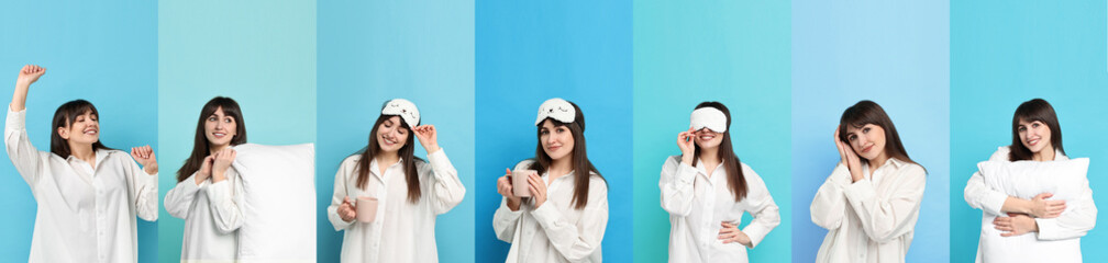 Woman in pajamas on light blue background, collage of photos