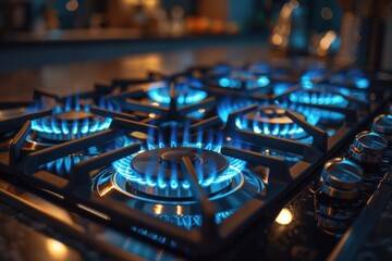 A detailed look at a stainless steel gas stove burner with intense blue flames, indicating high heat output.