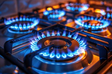 A detailed look at a stainless steel gas stove burner with intense blue flames, indicating high heat output.