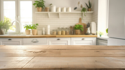 Fototapeta na wymiar empty beautiful wood table top counter and blur bokeh modern kitchen interior background in clean and bright.