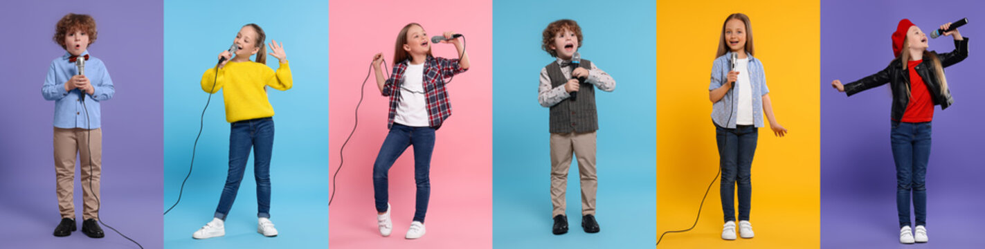 Children singing on different color backgrounds, collection of photos
