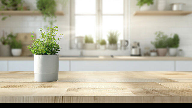empty beautiful wood table top counter and blur bokeh modern kitchen interior background in clean and bright.