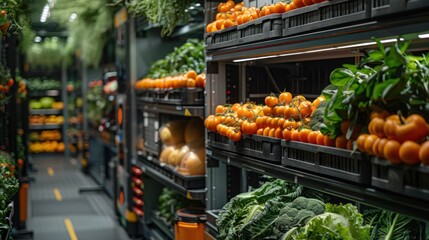 Fresh vegetable warehouse, vegetable store. Various vegetables and green crops lying on the shelves. - obrazy, fototapety, plakaty