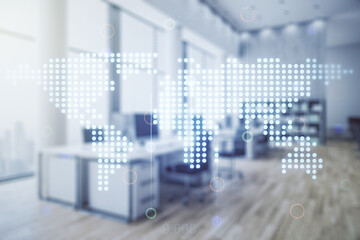 Multi exposure of abstract graphic world map on a modern furnished classroom background, big data...