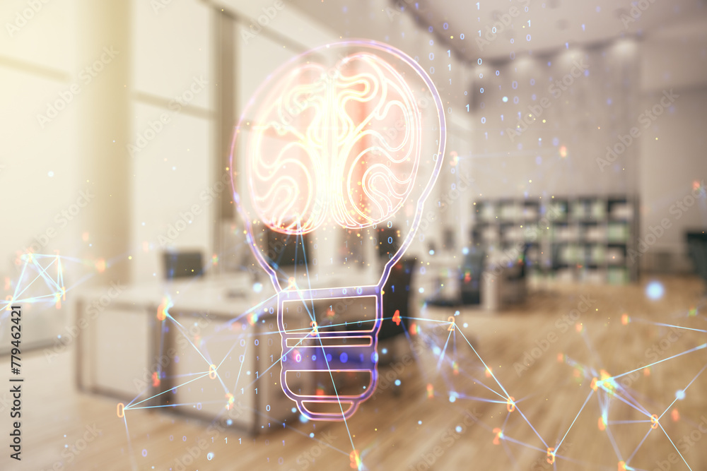 Poster abstract virtual creative light bulb with human brain hologram on a modern furnished office interior