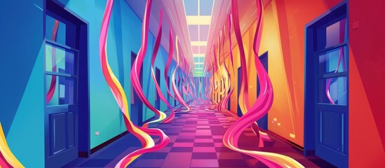 A hallway adorned with colorful ribbons in shades of purple, violet, magenta, and electric blue, creating a symmetrical and artistic display reminiscent of a painting in a visual arts gallery