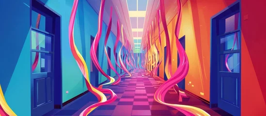 Foto auf Alu-Dibond A hallway adorned with colorful ribbons in shades of purple, violet, magenta, and electric blue, creating a symmetrical and artistic display reminiscent of a painting in a visual arts gallery © AkuAku