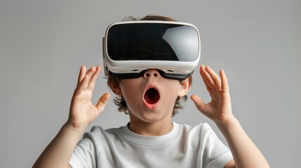 A young boy wearing VR goggles stands with his mouth open in awe, immersed in a virtual reality experience.