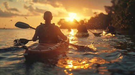 People kayak during sunset in the background. Have fun in your free time. copy space for text.