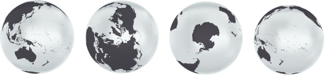 Set of four planet Earth globes. Different continents on the globe