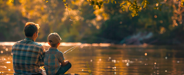 Father and son sit on the edge of the shore, holding fishing rods in their hands and looking at the water, enjoying fishing together on a quiet lake. Father's Day. Banner. Copy space