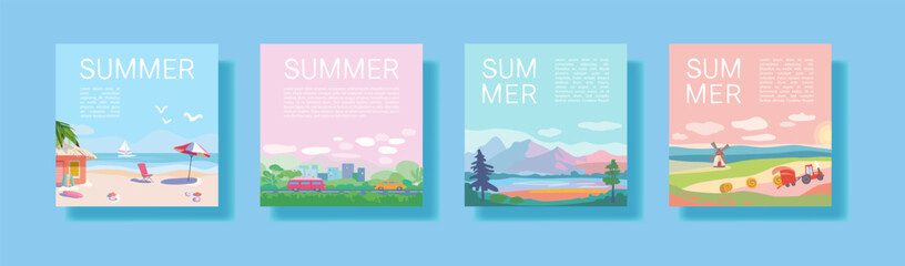 Set of summer travel and vacation posters. Landscapes of sea resorts, mountains and fields. Road with trees and transport near the city. Template for poster, web page or banner. Flat vector