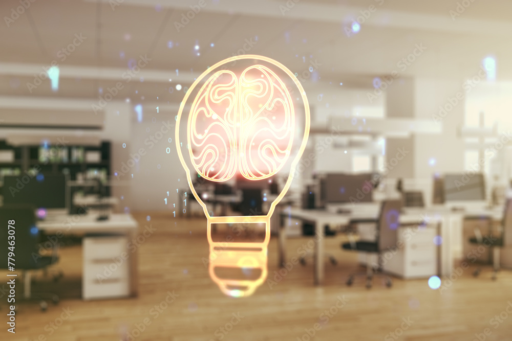 Poster abstract virtual creative light bulb with human brain hologram on a modern furnished office interior