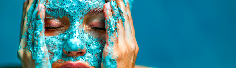 A close-up of a woman applying a blue facial mask, capturing the moment of self-care, with the rich texture of the treatment enhancing her skin's natural beauty. Banner. Copy space