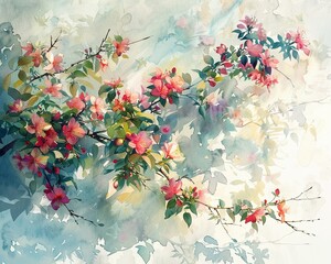Create a dynamic composition by showcasing watercolor paintings at a tilted angle, highlighting their ethereal and translucent qualities Incorporate soft light to enhance the delicate textures