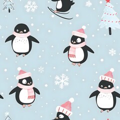 cute penguin pattern with a light blue background